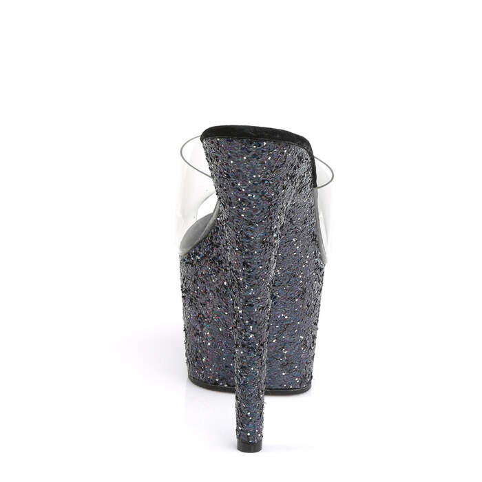 Шльопанці Adore-701LG на підборах 7 дюймів, шльопанці 2 3/4 дюйма з голографічним блискітками на підошві, прозорі/чорні з голограмою