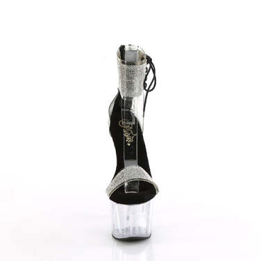 Босоножки Adore-727RS. Каблук 7 дюймов, манжета на щиколотке 2 3/4 дюйма, PF-застёжка, молния сзади, чёрно-прозрачные.