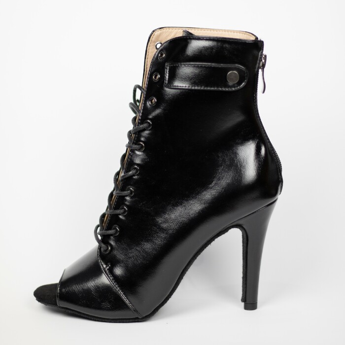Хілси leather з язичком, професійне взуття для сучасних танців з відкритим носком та шнурівкою. Ботильйони для High heels (хай хілс), Чорний