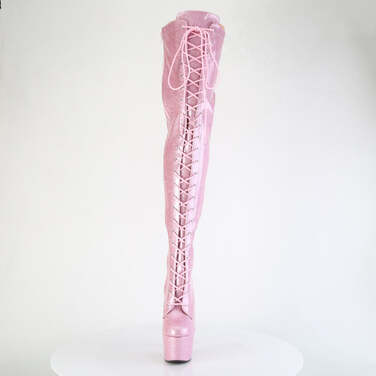 Чоботи Adore-3020GP на підборах 7 дюймів, еластичні черевики до стегна 2 3/4 дюйма зі шнурівкою PF, блискавка збоку, блискітки ніжно-рожевого кольору
