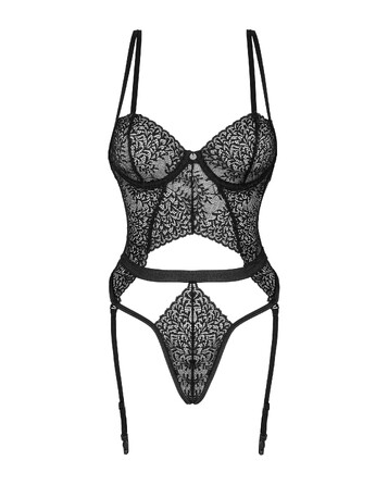 Мереживне боді Obsessive Yaskana з підв'язками для панчох, чорний, M/L