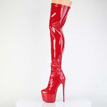 Чоботи Jubilant-3000 на підборах 7 дюймів, приховані чоботи до стегна 3 дюйми з еластичним покриттям PF, блискавка збоку, червоний еластичний лак