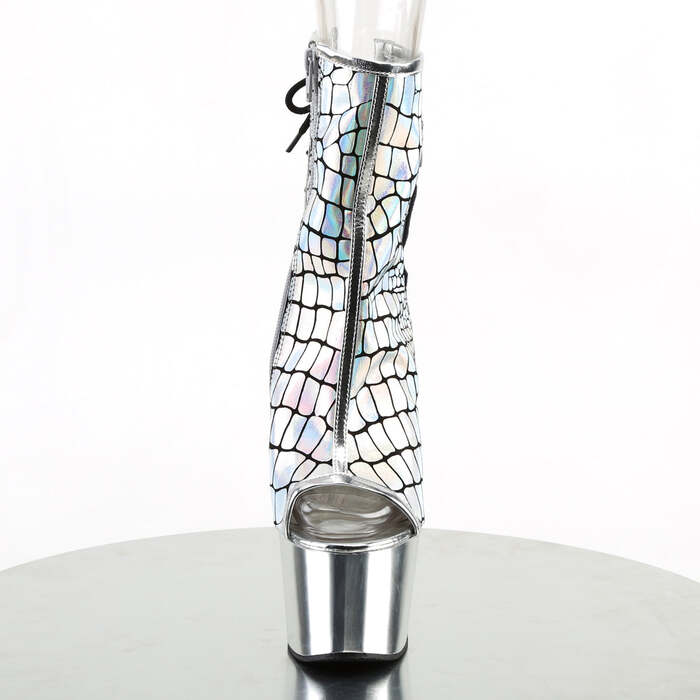 Чоботи Adore-1018HG *7 дюймів на підборах, 2 3/4 дюйма з відкритим носком/п'ятою PF, бокова блискавка, сріблясті голограмні/срібні