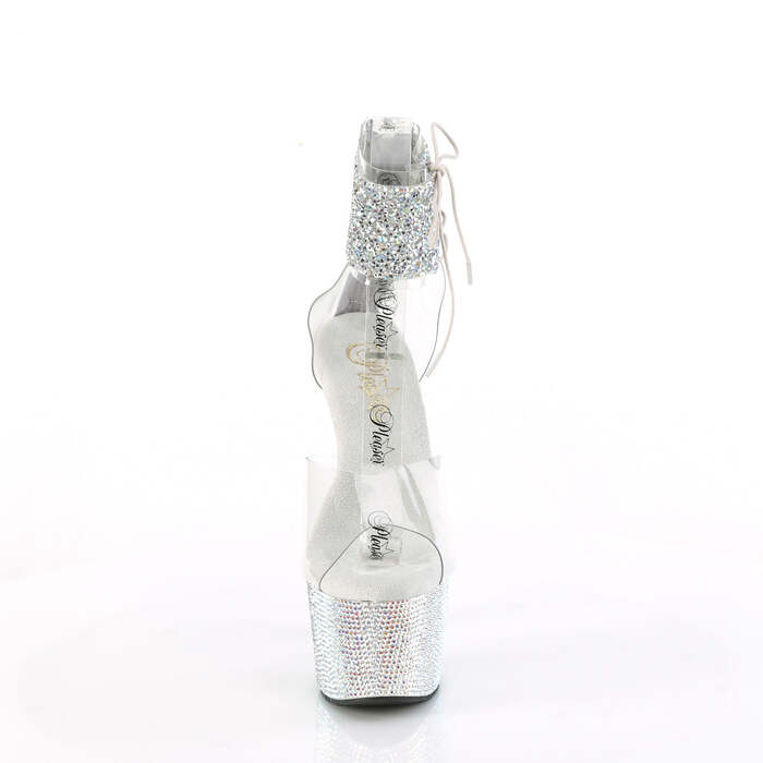 Босоніжки Bejeweled-724RS-02 на підборах 7 дюймів, босоніжки з манжетою на щиколотці 2 3/4 дюйма з RS, застібка-блискавка ззаду, прозорі/сріблясті