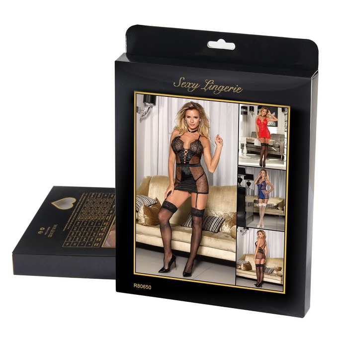 Сексуальный прозрачный пеньюар в сеточку с подвязками Star Night черный, M