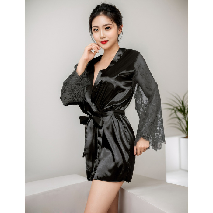 Халат чорний під пояс та довгими мереживними рукавами Star Night стрінги в комплекті, XS/S