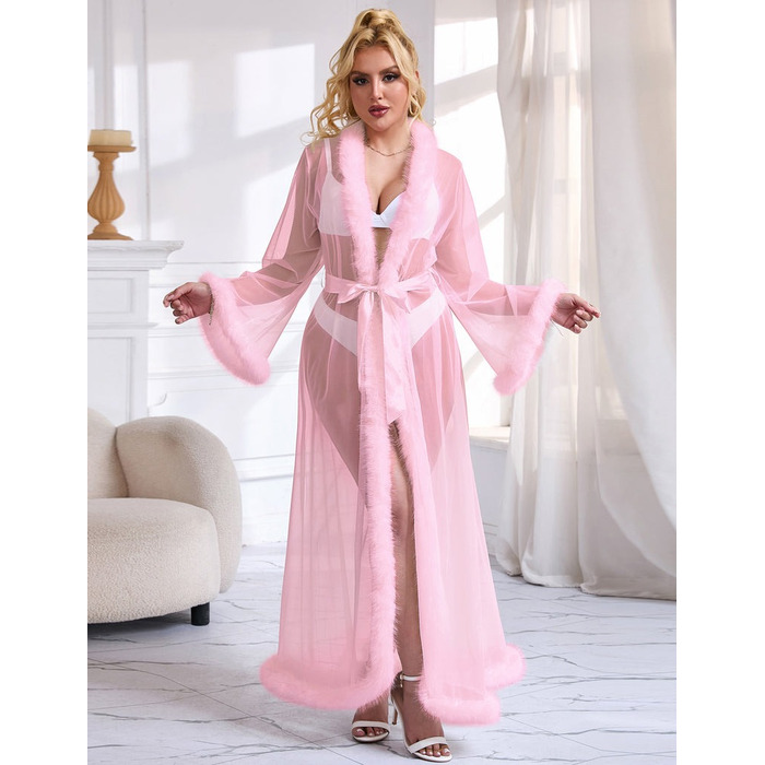 Халатик полупрозрачный Star Night с имитацией меха и поясом, розовый, XL-2XL