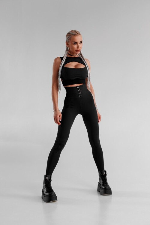 Леггинсы FZ Black Leggings Corset Waistband With Hooks