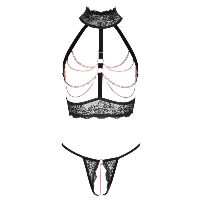 Комплект Abierta Fina открытый лиф с декоративными цепочками и трусики с доступом, черный, XL
