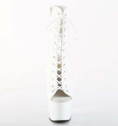 Ботильоны Adore-1016 с каблуком 7 дюймов, открытым носком и пяткой 2 3/4 дюйма, молнией сбоку, белые лакированные.