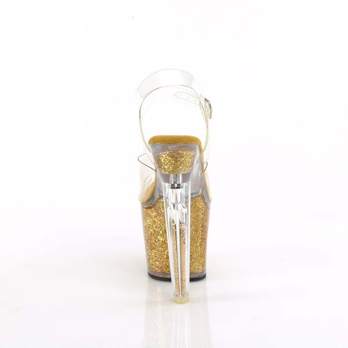 Босоніжки Lovesick-708SG *7 дюймів на підборах, 3 1/4 дюйма з ремінцем на щиколотці PF з переливчастими блискітками, прозорі/золоті