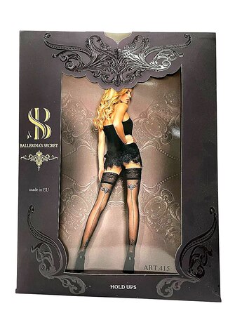 Прозорі чорні панчохи Ballerina's Secret з візерунком, мереживним верхом та заднім швом, S/M
