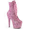 Чоботи Pleaser Adore-1020GWR *7-дюймовий каблук, 2 3/4-дюймові черевики до щиколотки зі шнурівкою та блискітками, збоку блискавка, ніжно-рожеві