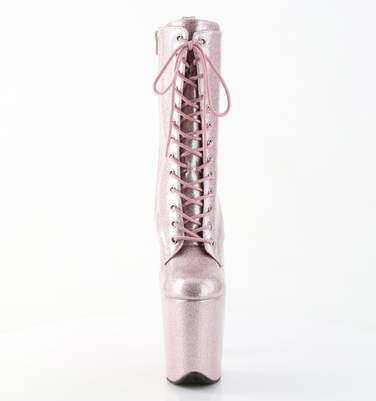 Ботинки Flamingo-1040GP, каблук 8 дюймов, 4-дюймовые PF-ботинки со шнуровкой спереди, молния сбоку, бледно-розовый лак с блестками
