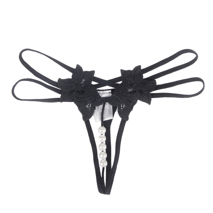 Трусики з квітковим принтом Star Night, відкритий доступ прикрашений перлинами, чорний (без коробки)