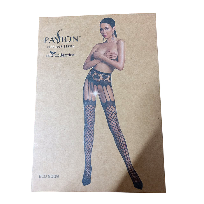 Колготки еротичні у велику сітку Passion ECO S009 з імітацією панчох, чорні