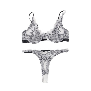 Комплект білизни мереживної Star Night з квітковим принтом, чорно-білий, 3XL-4XL