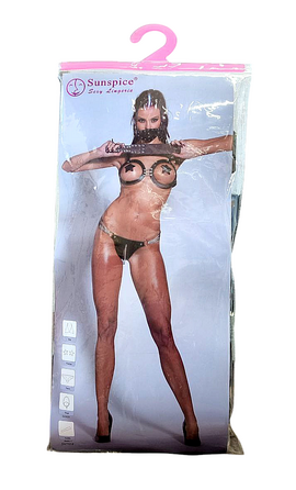 Комплект БДСМ Sunspice лиф с открытым бюстом, стринги, наклейки на соски, кнут, маска, O/S