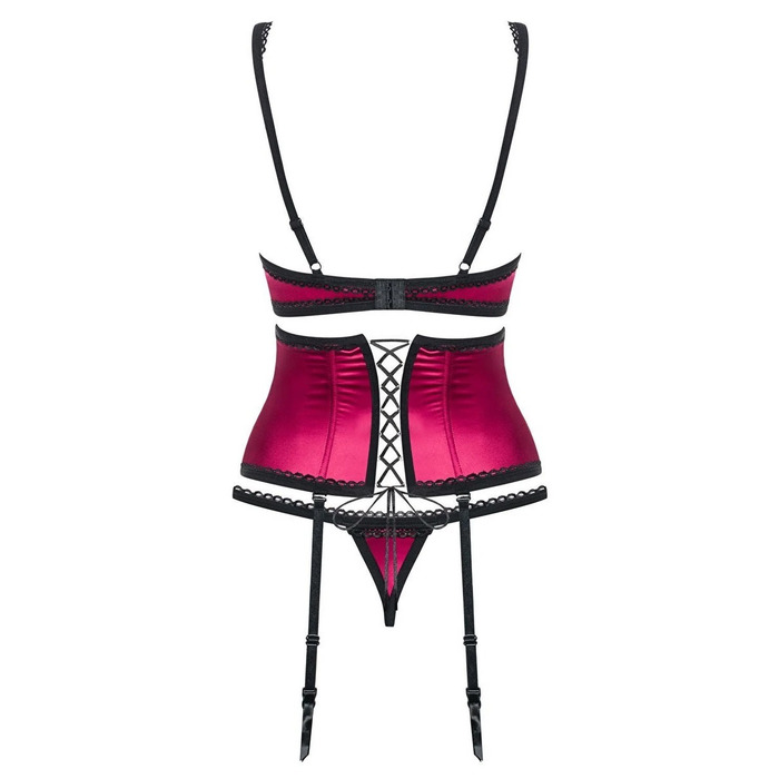 Комплект атласний з поясом для панчох Obsessive 861-SEG-5 бордовий, L/XL