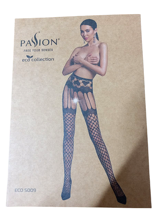 Колготки еротичні у велику сітку Passion ECO S009 з імітацією панчох, чорні