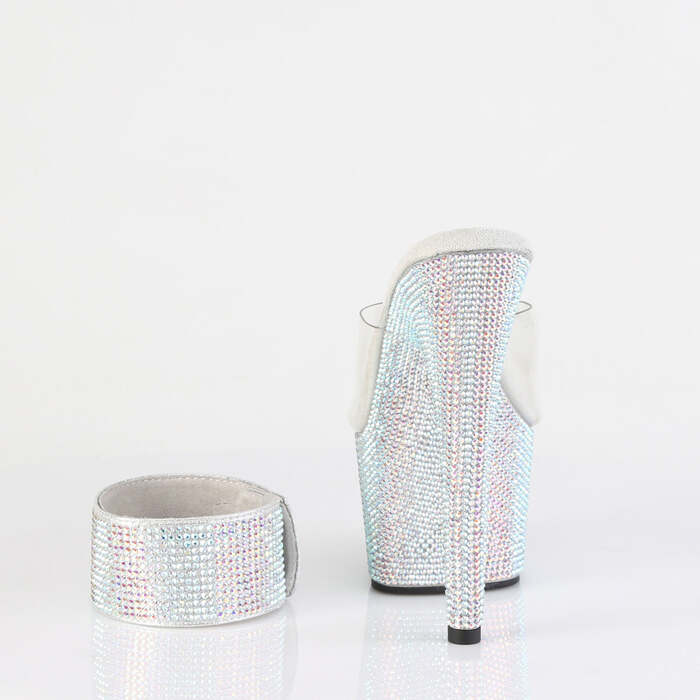 Шльопанці Bejeweled-712RS на підборах 7 дюймів, 2 3/4 дюйма, оздоблені шльопанці на щиколотці з манжетою PF RS, прозорі/сріблясті