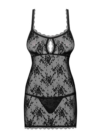 Сорочка Obsessive из цветочного кружева с открытой попой, черный, L/XL