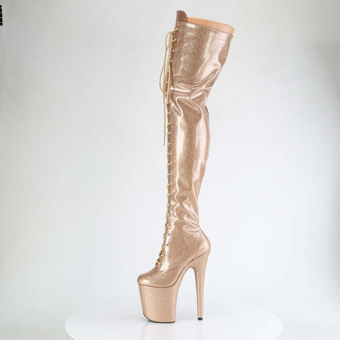 Ботинки Flamingo-3020GP *Каблук 8 дюймов, 4-дюймовые эластичные сапоги на шнуровке, боковая молния, лакированная кожа с золотым блеском