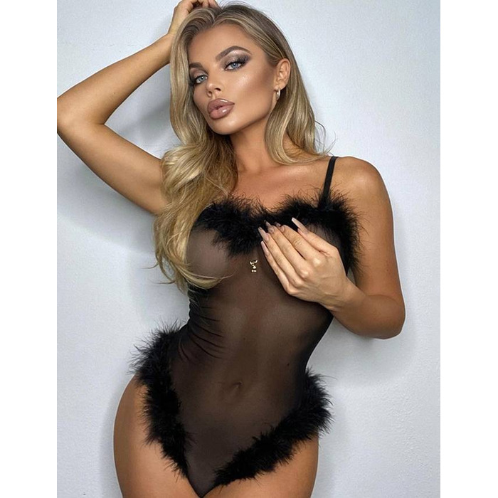 Сексуальное черное боди Star Night с искуственным лебединным пухом, XL