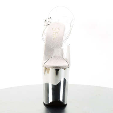 Босоножки Flamingo-808. Каблук 8 дюймов, ремешок на щиколотке 4 дюйма, хромированная подошва, прозрачный/серебристый хром.