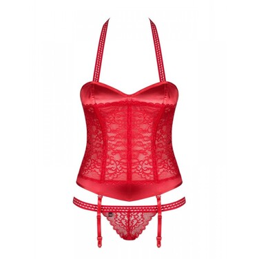 Комплект красный - корсет и трусики Obsessive Flameria с кружевом в сочетании с атласом, S/M
