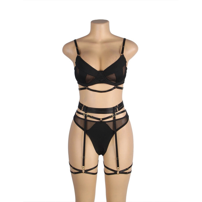 Комплект нижньої білизни із чорної сіточки Star Night з поясом для панчох та гартерами (без коробки)