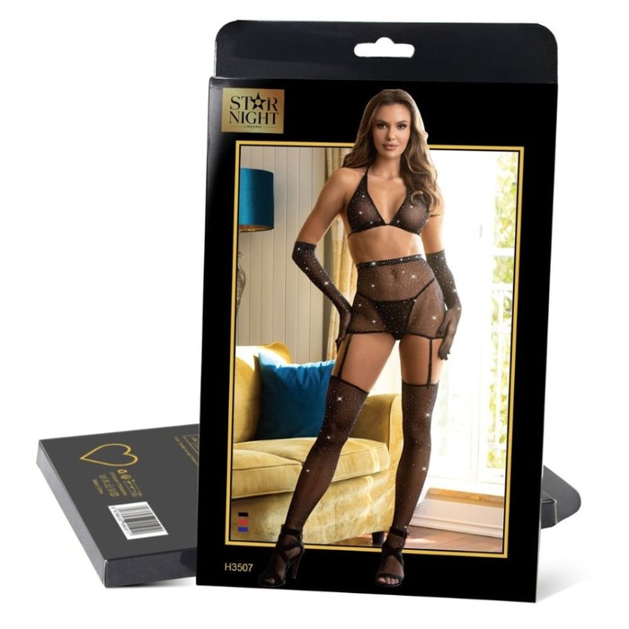 Комплект белья в сеточку Star Night со стразами и перчатками, черный XS-M