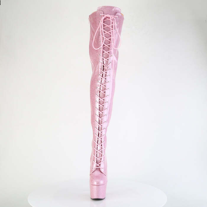 Чоботи Adore-3020GP на підборах 7 дюймів, еластичні черевики до стегна 2 3/4 дюйма зі шнурівкою PF, блискавка збоку, блискітки ніжно-рожевого кольору