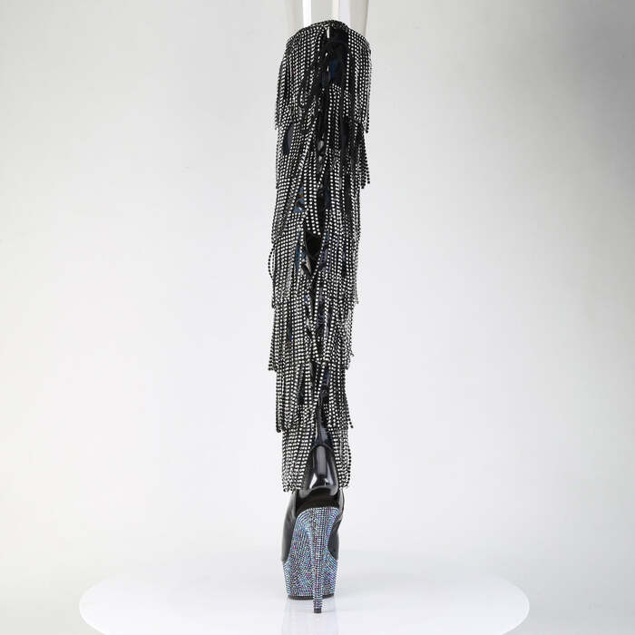 Сапоги Bejeweled-3017HG-RSF-6, каблук 6 дюймов, высота 3,5 см, 7-слойная бахрома, шнуровка, ботфорты, черный голографический лак/серебро