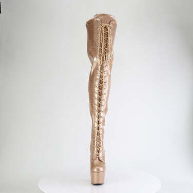 Сапоги Adore-3020GP *Каблук 7 дюймов, 2 3/4 дюйма, эластичные ботфорты со шнуровкой, молнией сбоку, лакированная кожа с золотым блеском