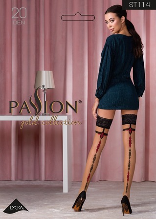 Чулки кружевные ST114 бежевые с черно-красным узором, 5 (20 den) - Passion