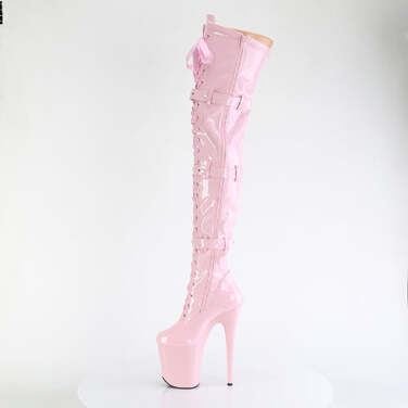 Ботинки Flamingo-3028, каблук 8 дюймов, высокие ботфорты со шнуровкой спереди 4 дюйма, боковая молния, нежно-розовая эластичная лакированная кожа
