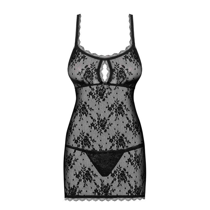 Сорочка Obsessive из цветочного кружева с открытой попой, черный, L/XL