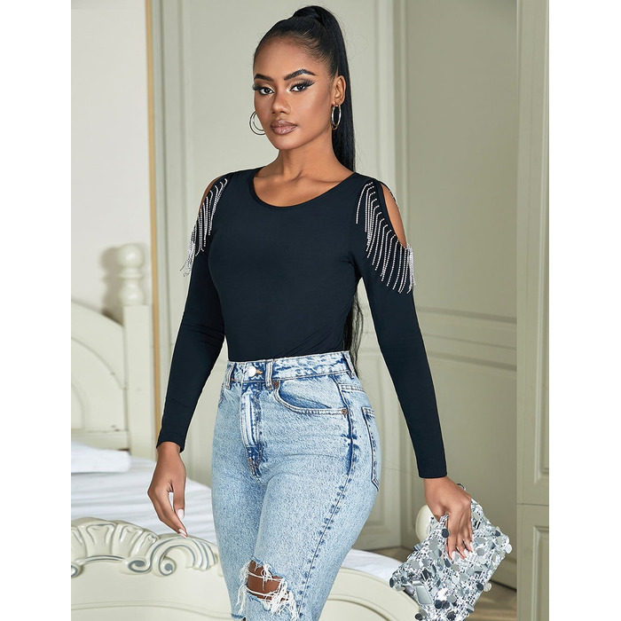 Черный боди с длинными рукавами Star Night и кисточками из цепочек, L