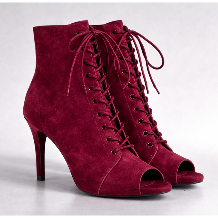 Профессиональные ботильоны для High Heels Premier из натуральной замши, бордовые, с открытым носком и шнуровкой