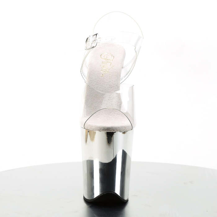 Босоножки Flamingo-808. Каблук 8 дюймов, ремешок на щиколотке 4 дюйма, хромированная подошва, прозрачный/серебристый хром.