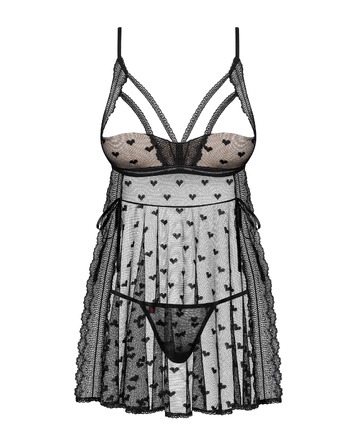 Сорочка с акцентами в виде сердечек Obsessive Heartia трусики в комплекте, черный, S/M