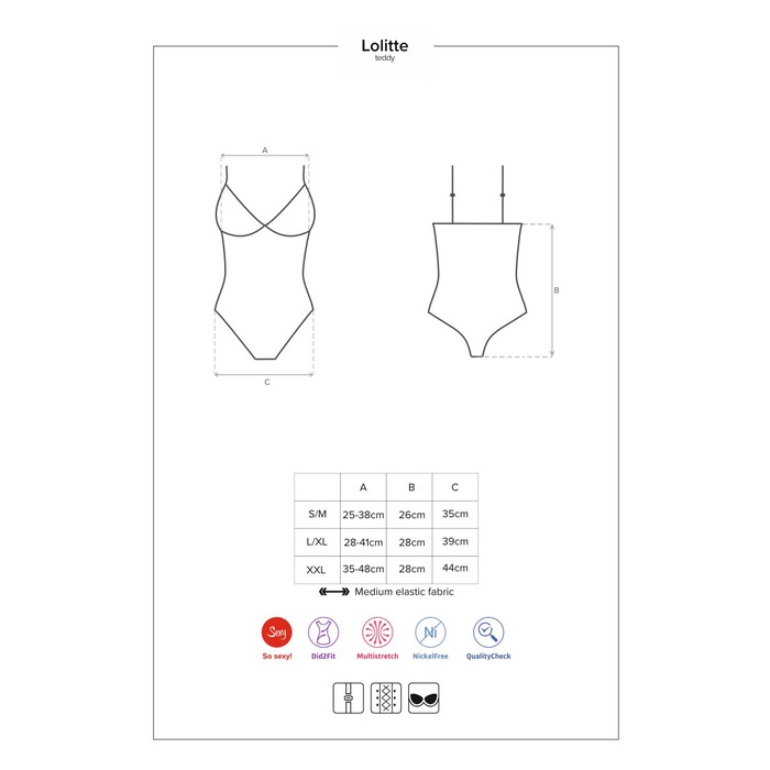 Эротическое боди из атласа с элементами кружева Obsessive Lolitte и открытой спиной, черный, XXL