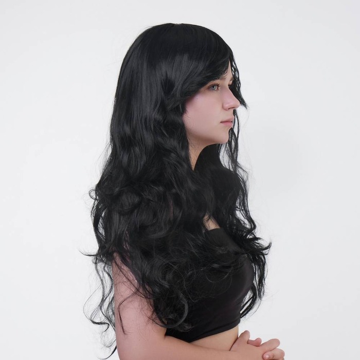 Перука довга хвиляста з чубчиком Fetish Hair чорний, 60 см