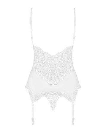 Корсет кружевной Obsessive 810-COR-2 с пажами для чулок, в комплекте кружевные стринги, белый, S/M