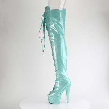 Сапоги Adore-3021GP *Каблук 7 дюймов, ботфорты с открытым носком, шнуровкой и застежкой-молнией сбоку, лакированная кожа с аквамариновым блеском