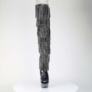 Сапоги Bejeweled-3017HG-RSF-6, каблук 6 дюймов, высота 3,5 см, 7-слойная бахрома, шнуровка, ботфорты, черный голографический лак/серебро