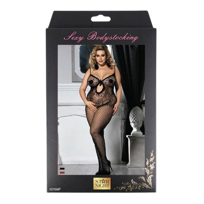 Бодистокинг сеткой и с ажурными вставками Star Night черный, L-2XL(Plus Size)