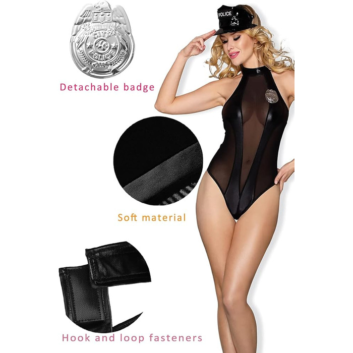Костюм Поліцейська Sunspice боді-сітка, кепка, значок, чорний, L/XL