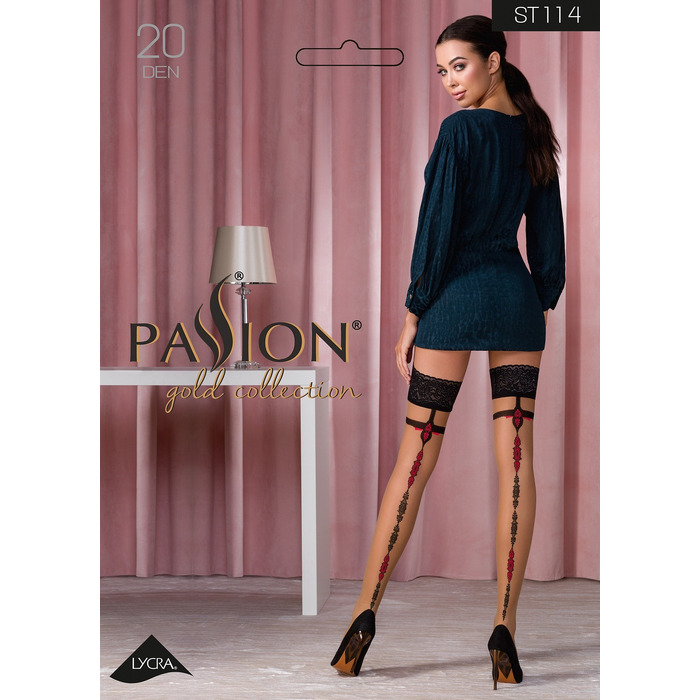 Чулки кружевные ST114 бежевые с черно-красным узором, 5 (20 den) - Passion